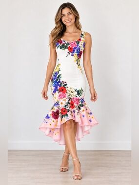 NWOT Floral White and Pink Midi Dress with Garden Print